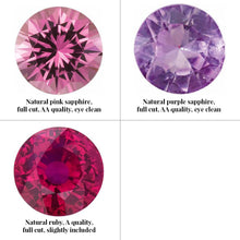 Load image into Gallery viewer, Group photo divided into 4 squares (only 3 gemstones on this photo). From top left: natural pink sapphire, full cut, AA quality, eye clean. Top right: natural purple sapphire, full cut, AA quality, eye clean. Bottom left: natural ruby, A quality, full cut, slightly included.