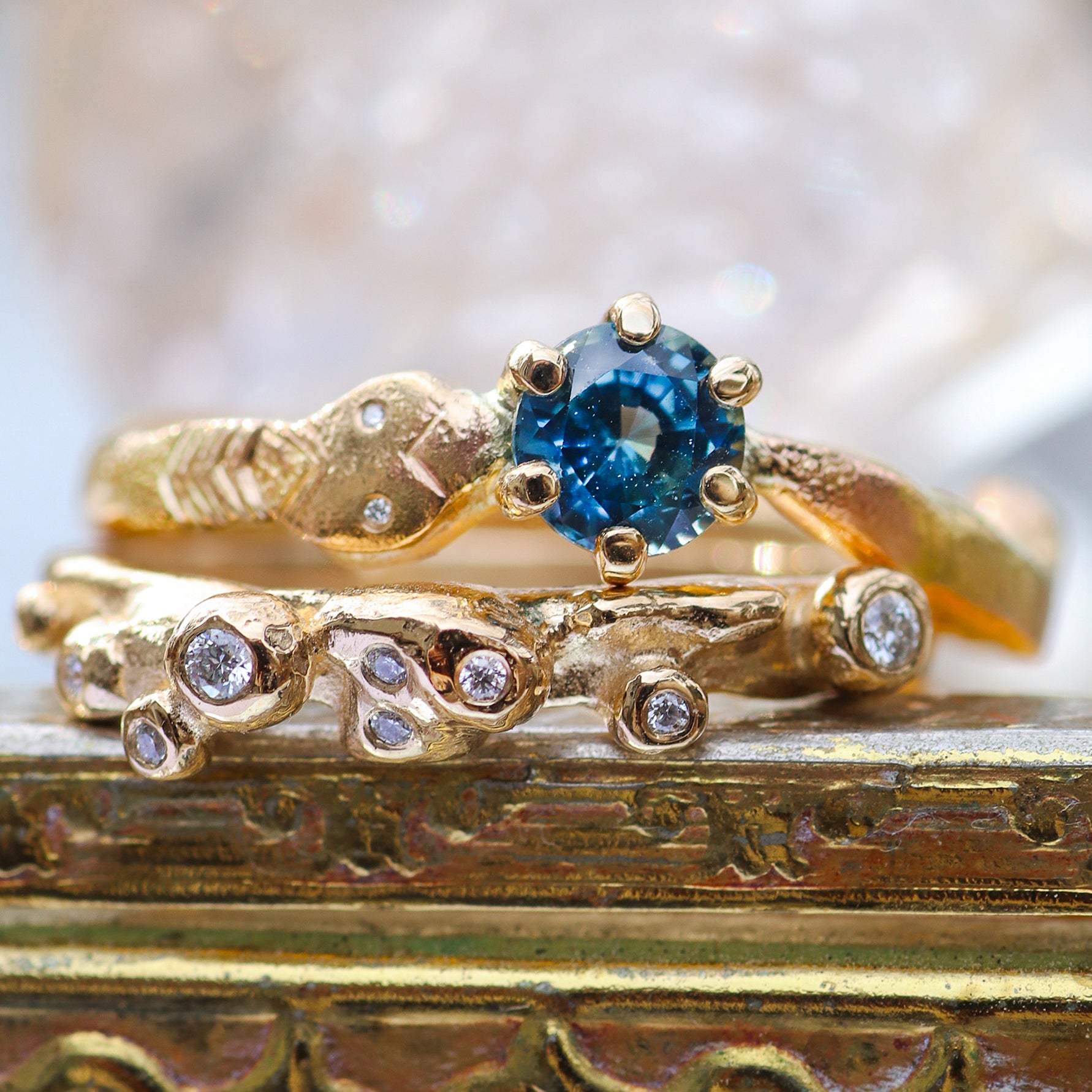 14K yellow gold parti/teal sapphire snake ring (one of a kind)